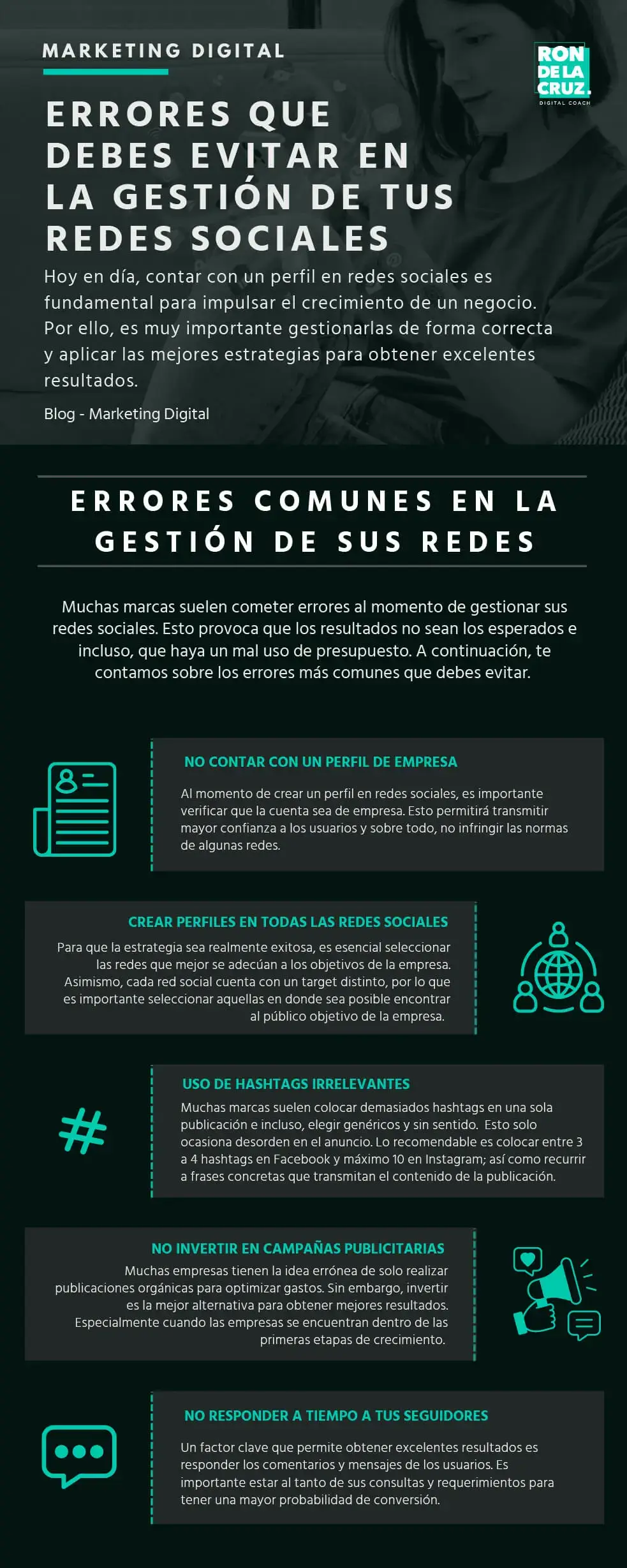 infografía sobre los errores que debes evitar mientras gestionas tus redes sociales